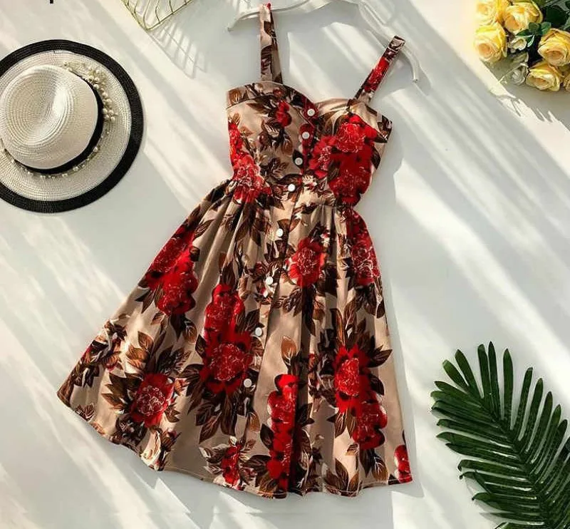 Boho 2019 Floral Print Summer Women short Dress Spaghetti V Neck Strap Retro Beach Fashion Party short Dresses