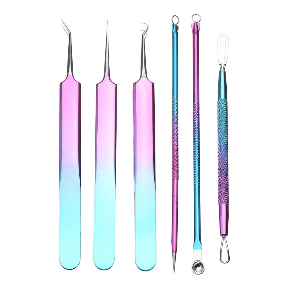 6 Pcs Set Acne Tools Kit Comedone Extractor Stainless Steel Whitehead Blackhead Removal Tool Pimple Extractor OEM Private Label