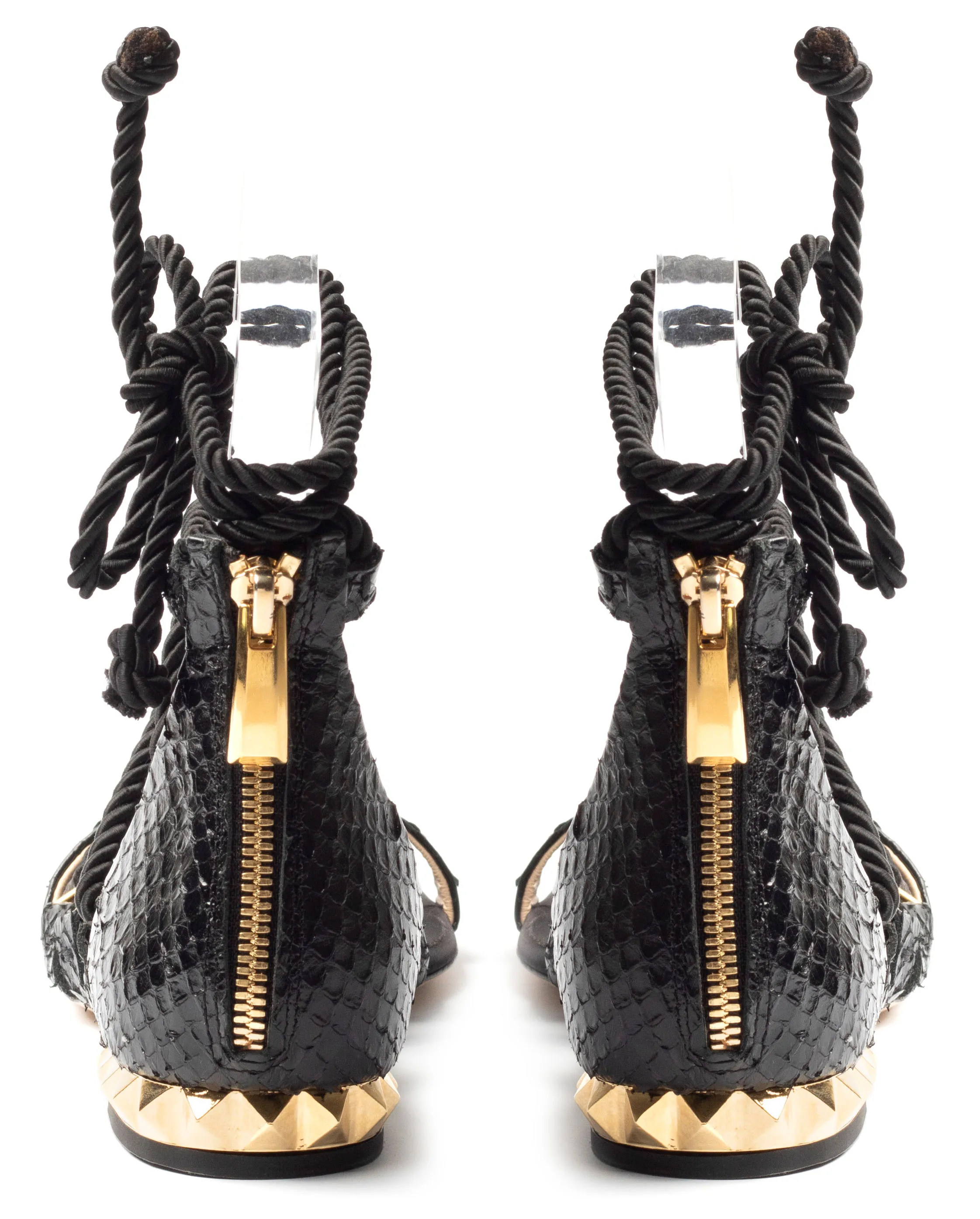 Handmade in Italy flat heel black embossed python leather and black silk string gladiator style woman sandals