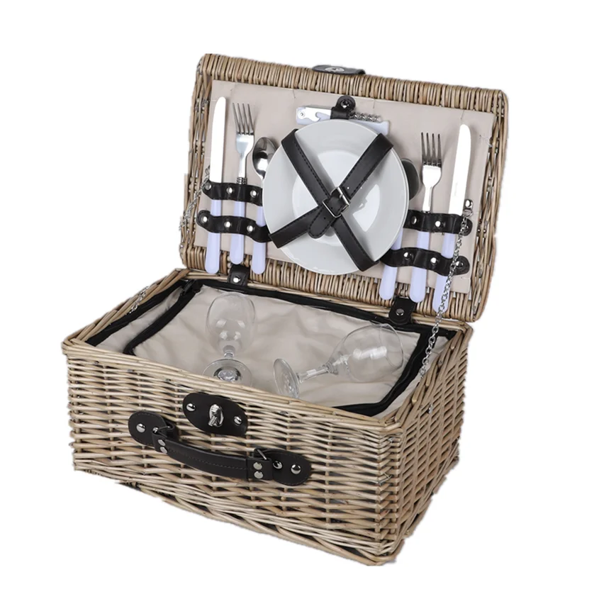 Handmade Camping Hiking White Honey Brown Wicker Willow Hamper With Blanket Picnic Basket For 2