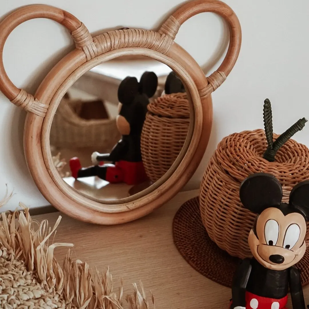Hanging Rattan Framed Little Bear Mirror - trending rattan style Mirror - Animal shaped Mirror for Kid rooms