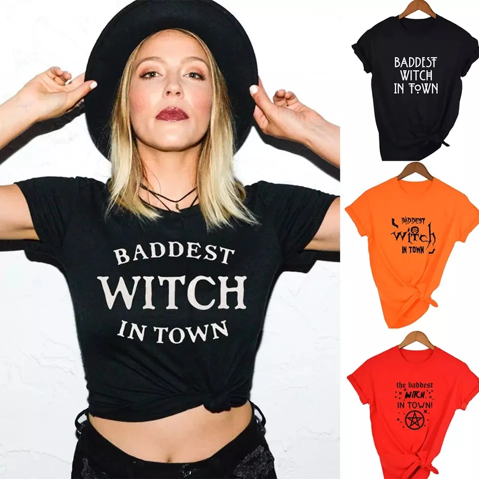 
Baddest Witch In Town Women Halloween Custom T-shirt Gothic Short Sleeve T Shirts Graphic Grunge Street wear Female Tops 