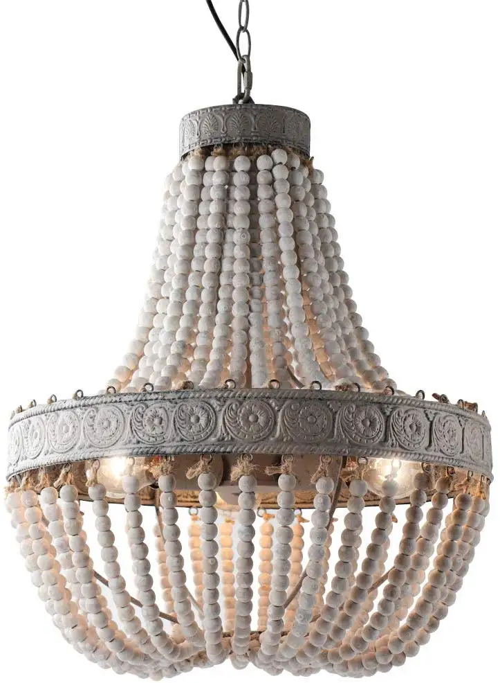 Metal  White  Wash Wood Beads Chandelier