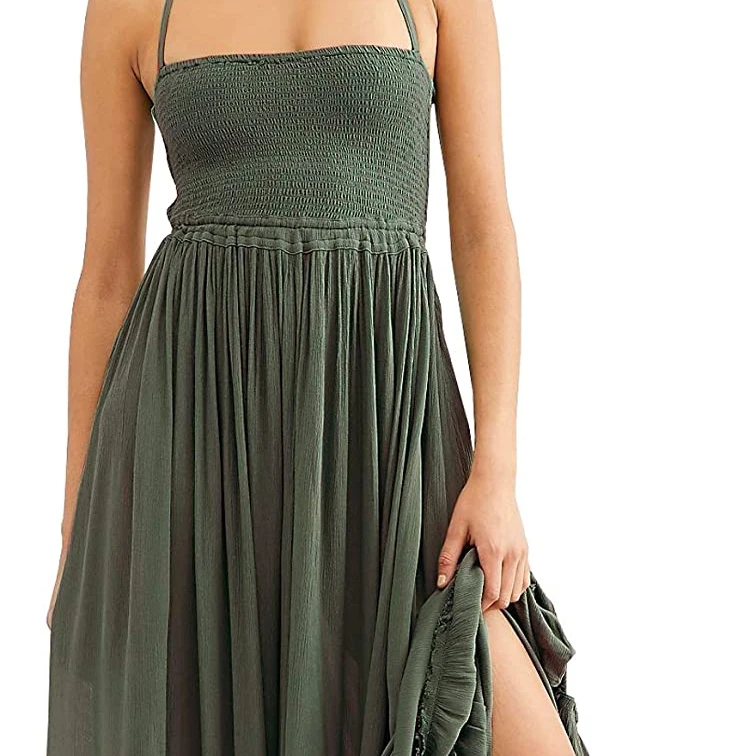 
woman and girl beach Style Linen ruffles Dress With round Neckline 