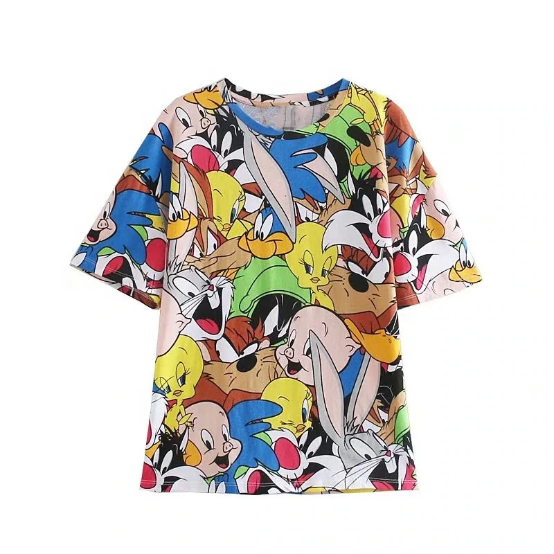 Women Cartoon Anime Print T Shirt Short Sleeve Round Collar T-Shirt Summer Tee Shirts Female Cotton Top