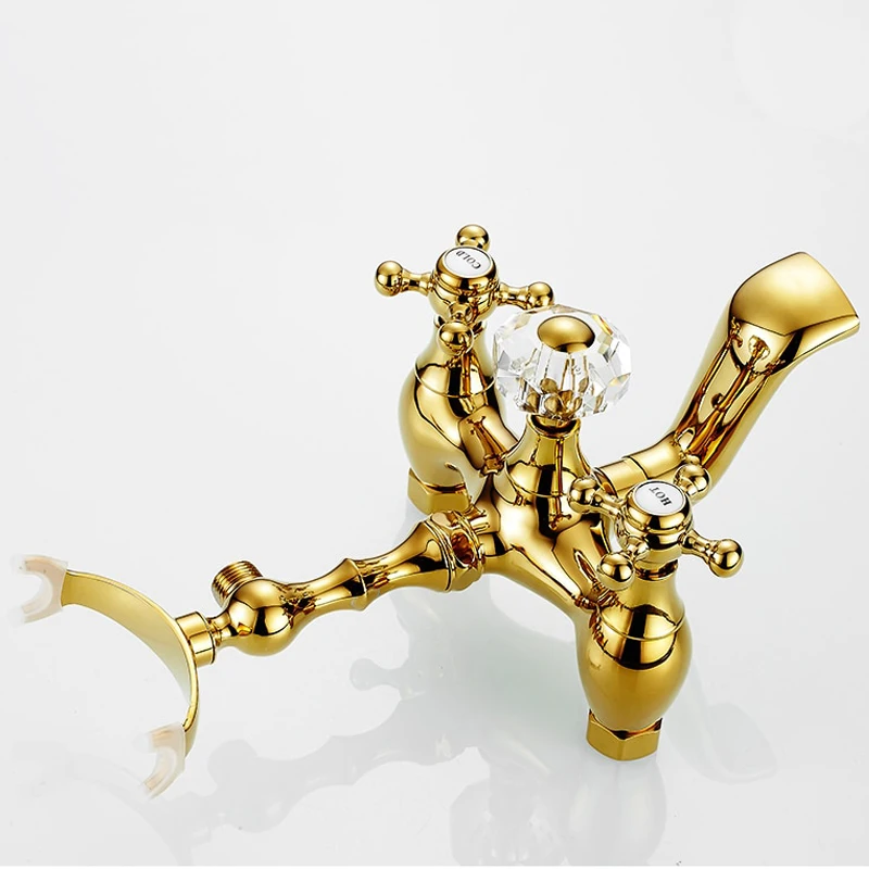 STOCCO Luxury Crystal Handle Bathtub Gold Brass Faucet with Hand Shower Telephone Type Bath Faucets Sets Mixer Tap Wall Mounted