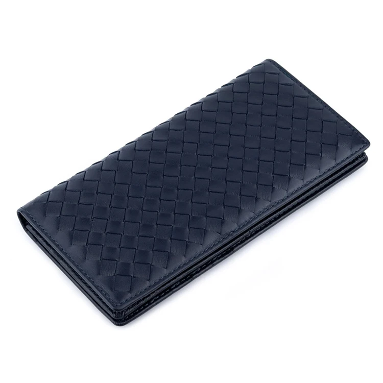 Handmade soft sheep skin leather man long wallet fashion genuine leather woven bifold card wallet for men