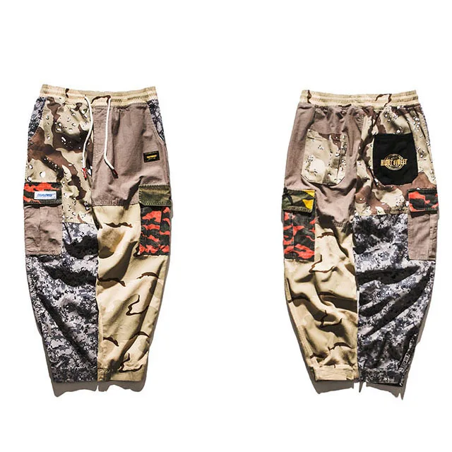 Custom Hip Hop loose drawstring track pants 6 pocket cargo pants camo color block pants mens
