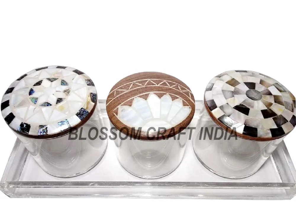 Luxurious Acrylic Jar with Mother of Pearl inlay Bone inlay Wooden Lid Multipurpose Container Boxes