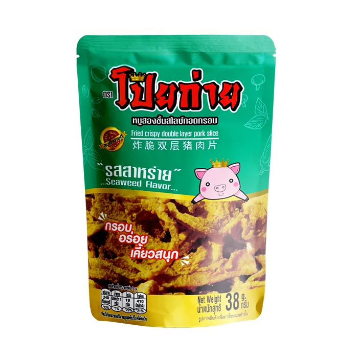 Poygai Fried Crispy Double Layer Pork Slice Seaweed Flavor 38 g.Premium Quality from Thailand for 100% Export