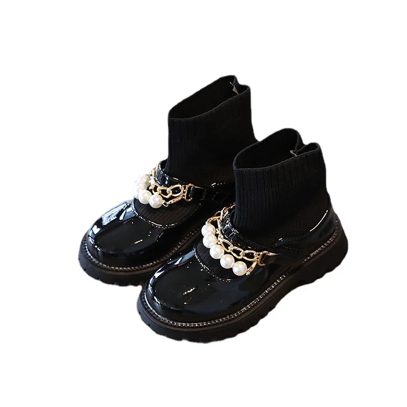 Fashion shoelace free warm kids winter boots With pearl chains girls leather for outdoor