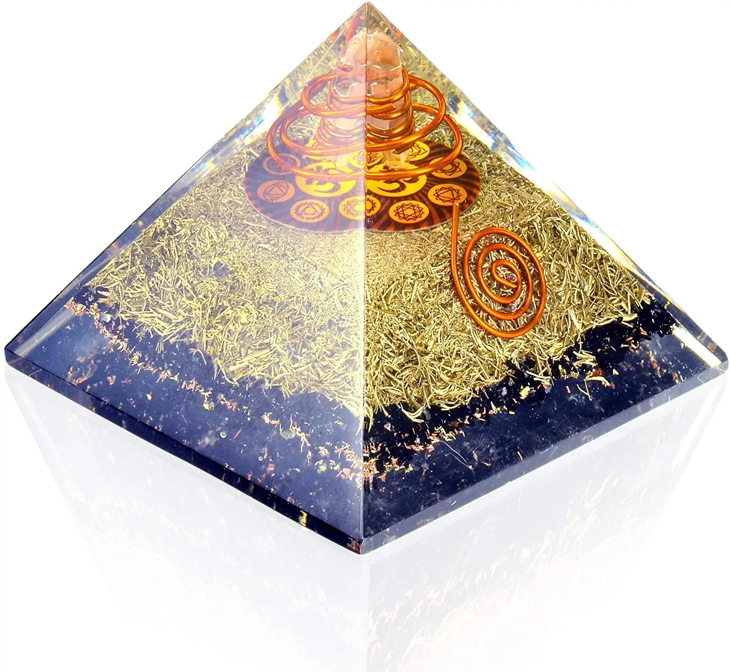 Orgone Pyramid Energy Generator - Chakra Om Symbol Orgonite Black Tourmaline Crystal Pyramid with Brass Metal