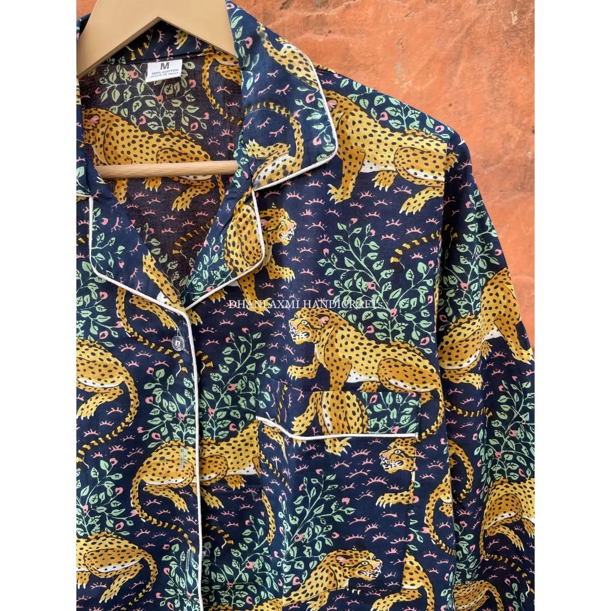 Navy Tiger Print Wholesale Sleepwear Indian Night Wear Night Suit 100% Cotton Pyjama Set Cotton Shirt Trouser