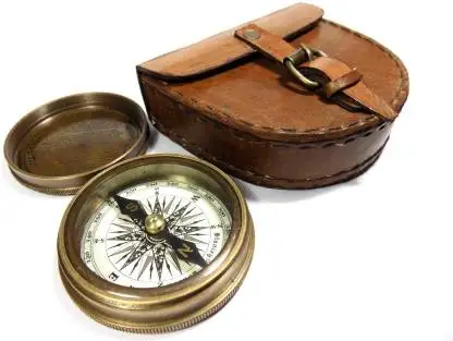 Antiqued Brass Poem Hiking Compass with Leather Case Collectible Usable Decorative