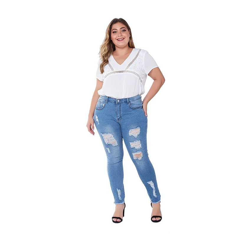Womens Oversized Fashion High Stretch Holes Jeans Skinny Denim Trousers