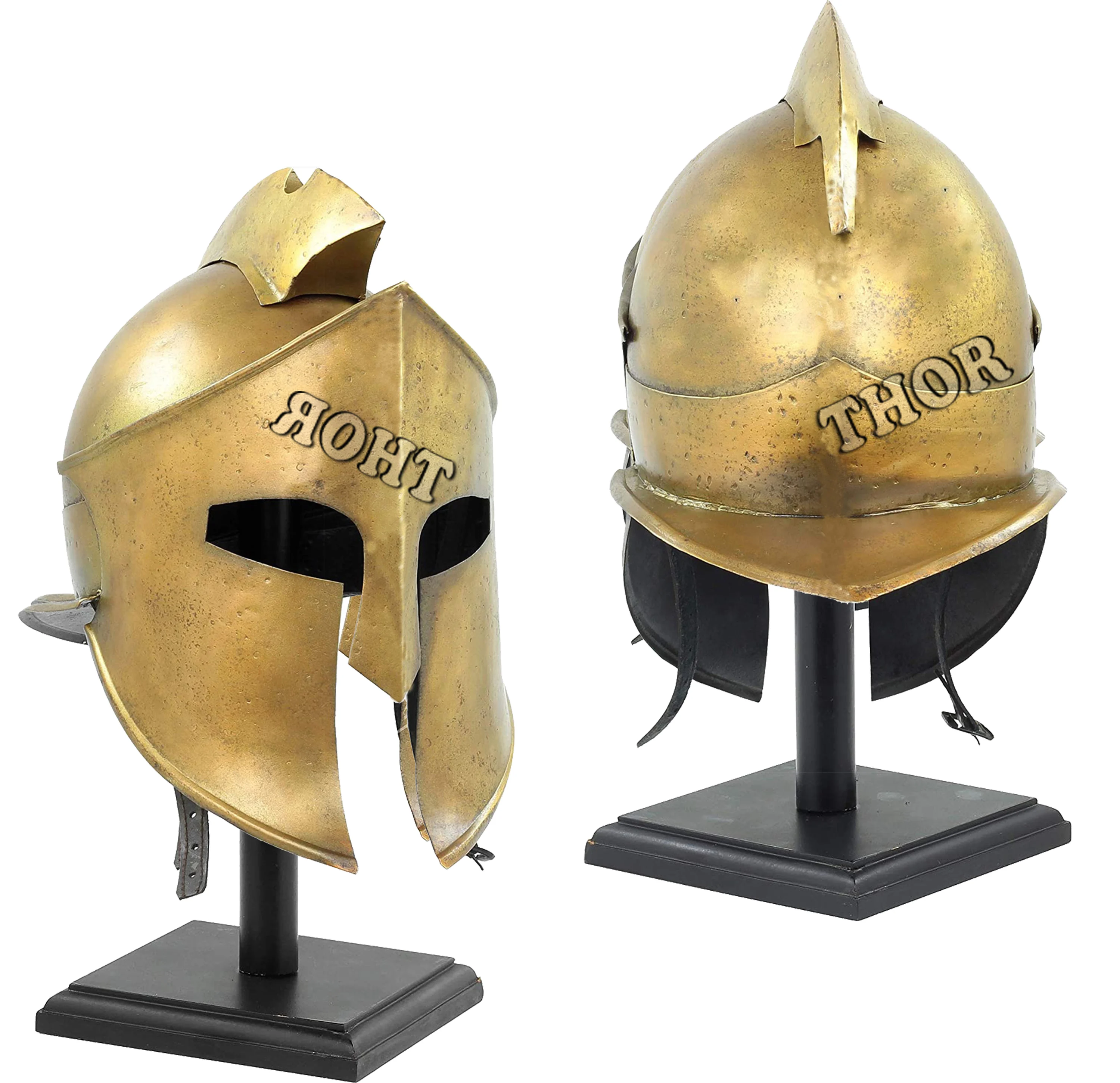Halloween 300 Spartan Helmet King Leonidas Movie Armor Helmet Antique Brass Polished W/Wood Stand