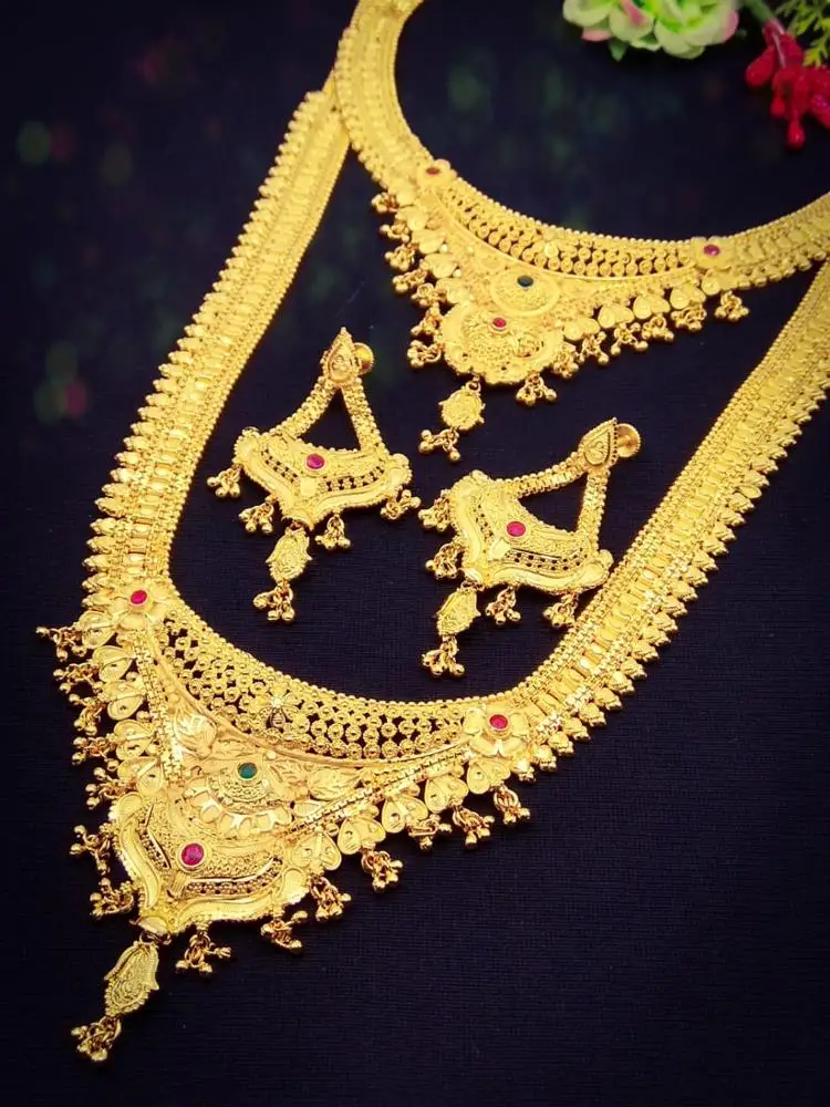 24K Gold Plated Dual Neck Necklace Set Long-Hanging Worked Forming Design with Golden Color Fashion Accessory