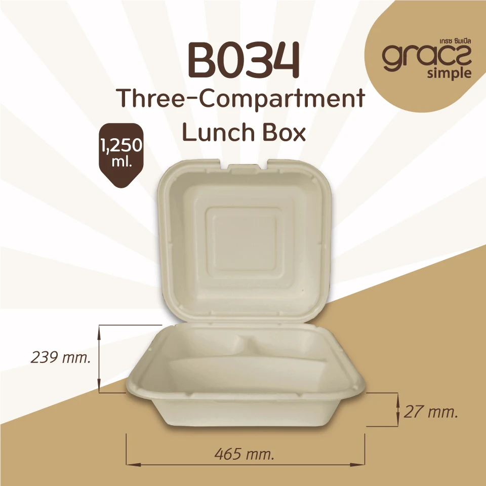 High Quality biodegradable food containers Storage Three-Compartment Lunch Box 1,250ml Thailand
