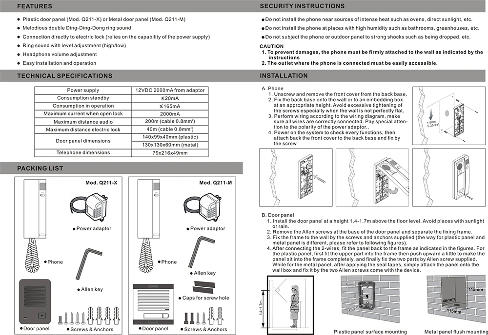 Комплект для входной двери с 2 проводами, адаптер 100-250 В переменного тока, металлическая панель, одиночная вилла, без полярности, высококачественное мелодическое кольцо «сделай сам» Ding-Dong