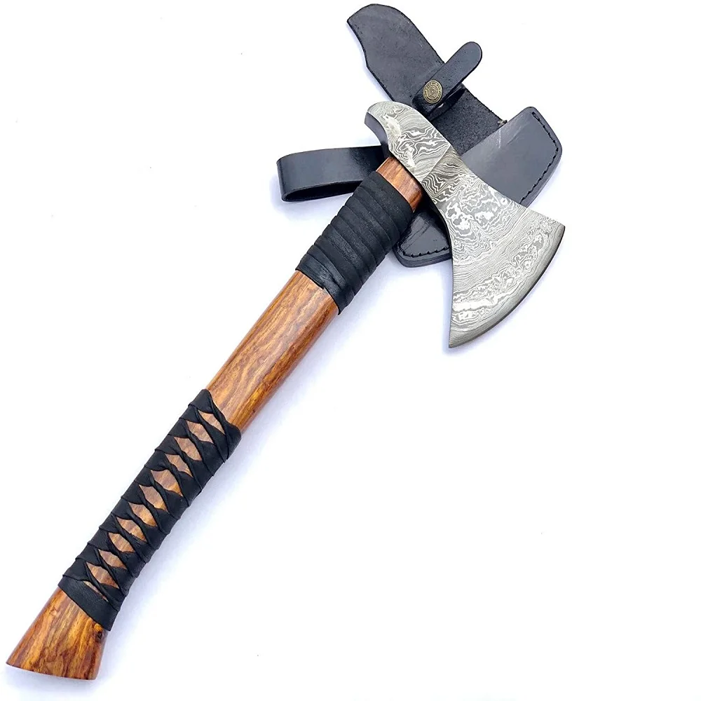 
Custom Handmade Damascus Steel Viking Style Axe Camping Axe High Quality Tactical Axe Hatches With leather sheath 