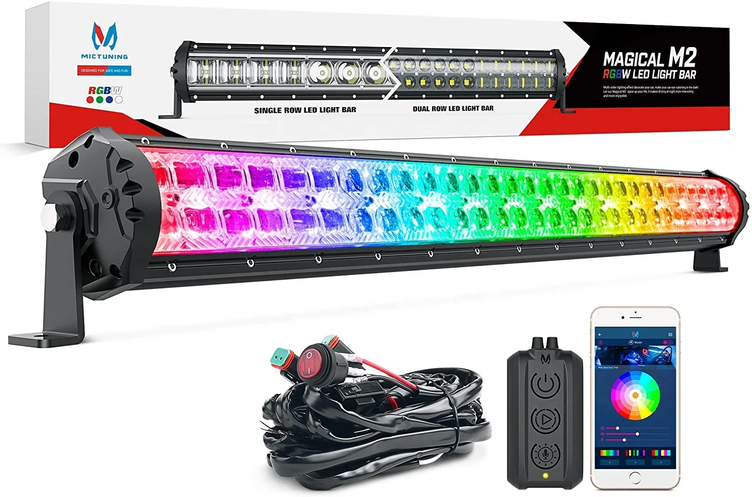 Двухрядный светодиодный светильник MICTUNING M2 RGBW 22/32/42/52 дюйма управление через приложение