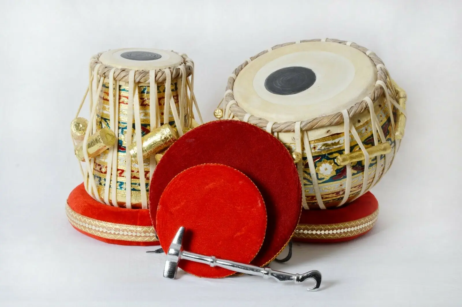 Indian Musical Instrument Tabla Meenakari Bayan, Sheesham Wood Dayan Drum Educational Meenakari Table Set Chrome Finish
