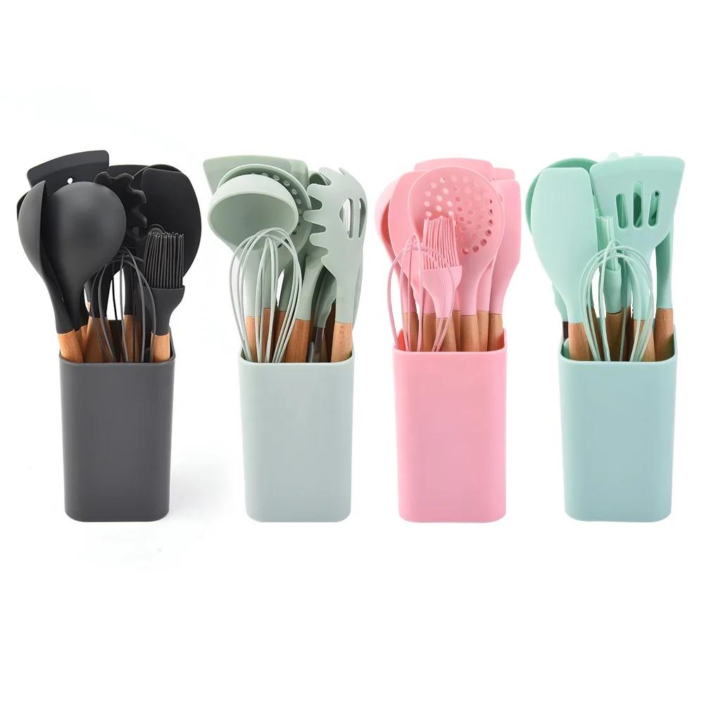 
Top selling high quality 13pcs silicone utensil set with beech wood handle with utensil holder 