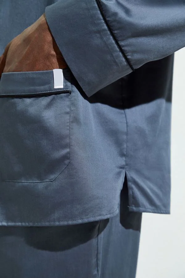 MGOO Long Sleeve And Pants Dark Blue Basic Solid Mens Satin Sleepwear Plain Blank Men Pajamas Set