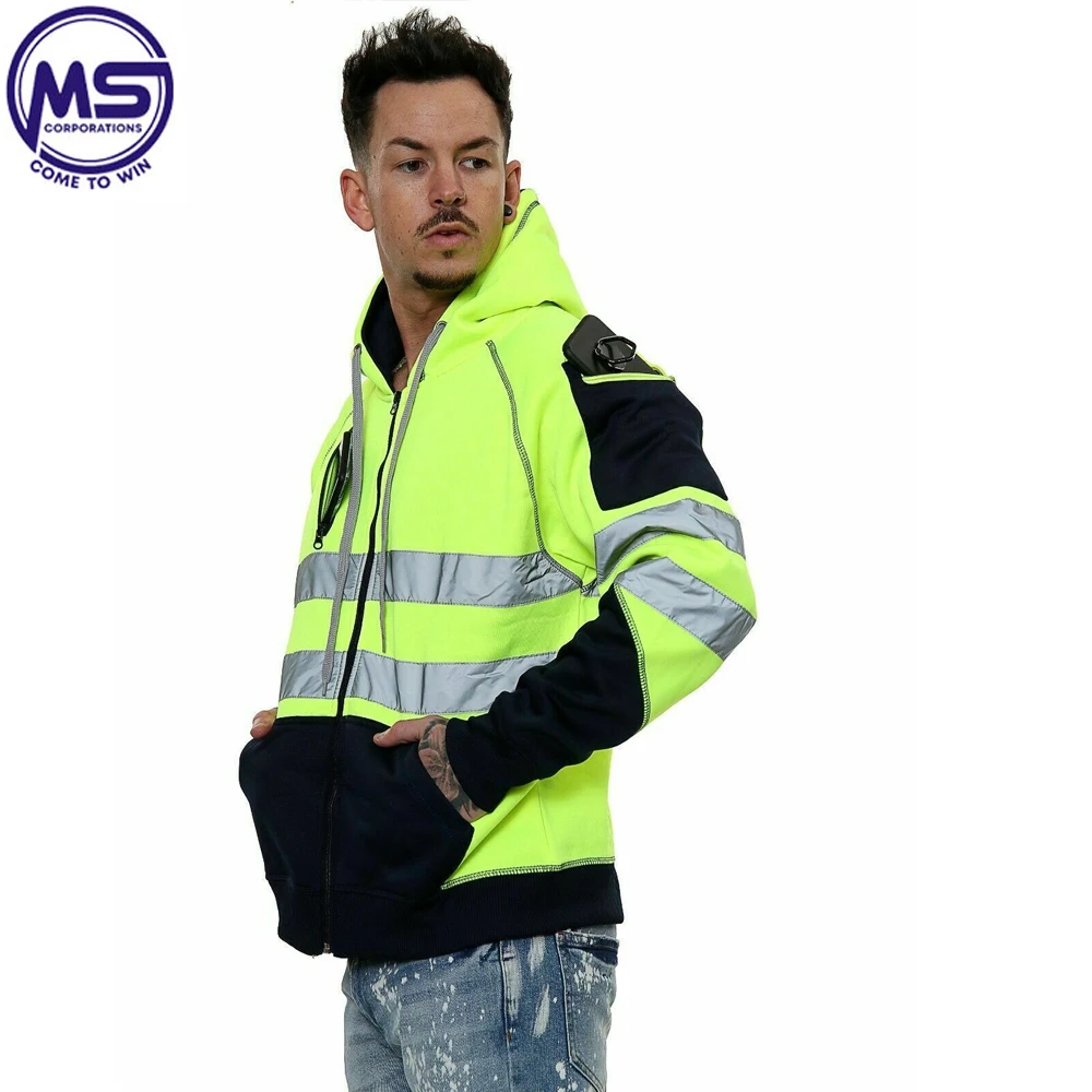 Factory in Stock Custom High Visibility Road Work wear 100% Polyester Reflective Safety Hoodies For Men