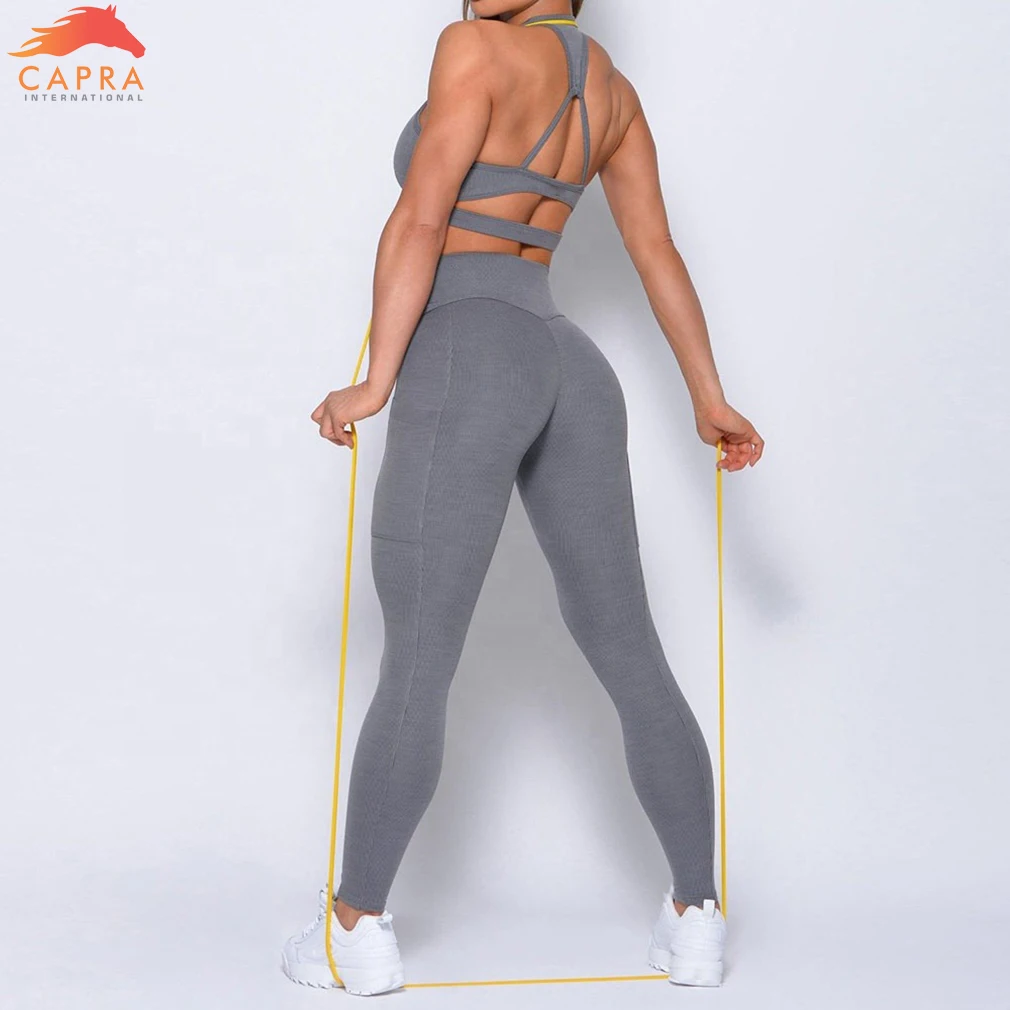 High Waisted Fitness Leggings and Sports Bra Sets Sexy Plus Size Pants With Pockets Women Yoga Gym Set Wholesale