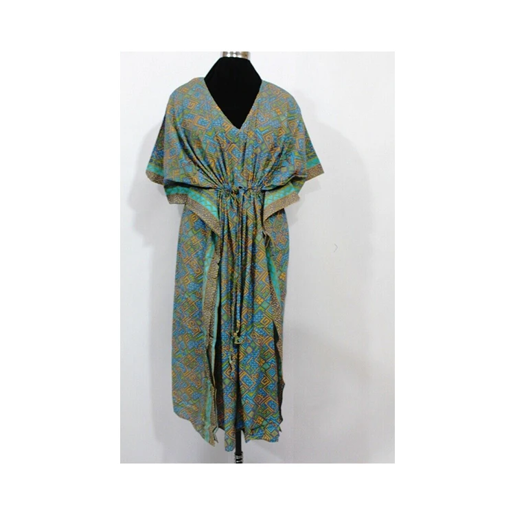 Top Quality Silk Fabric Printed Design Kaftan Casual Wear Beach Cover Up Long Dress in Red Color for Girls and Women