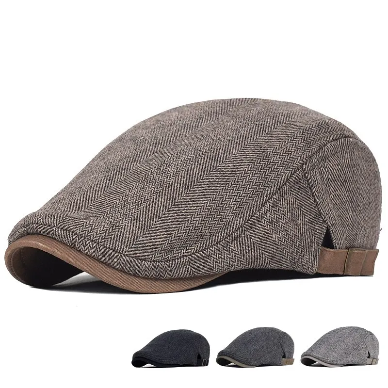 Big Size Newsboy Men Winter Wool-Cap Thick Warm Vintage Herringbone Casual Stripe Berets Gatsby Flat Hat Peaked-Cap Adjustable