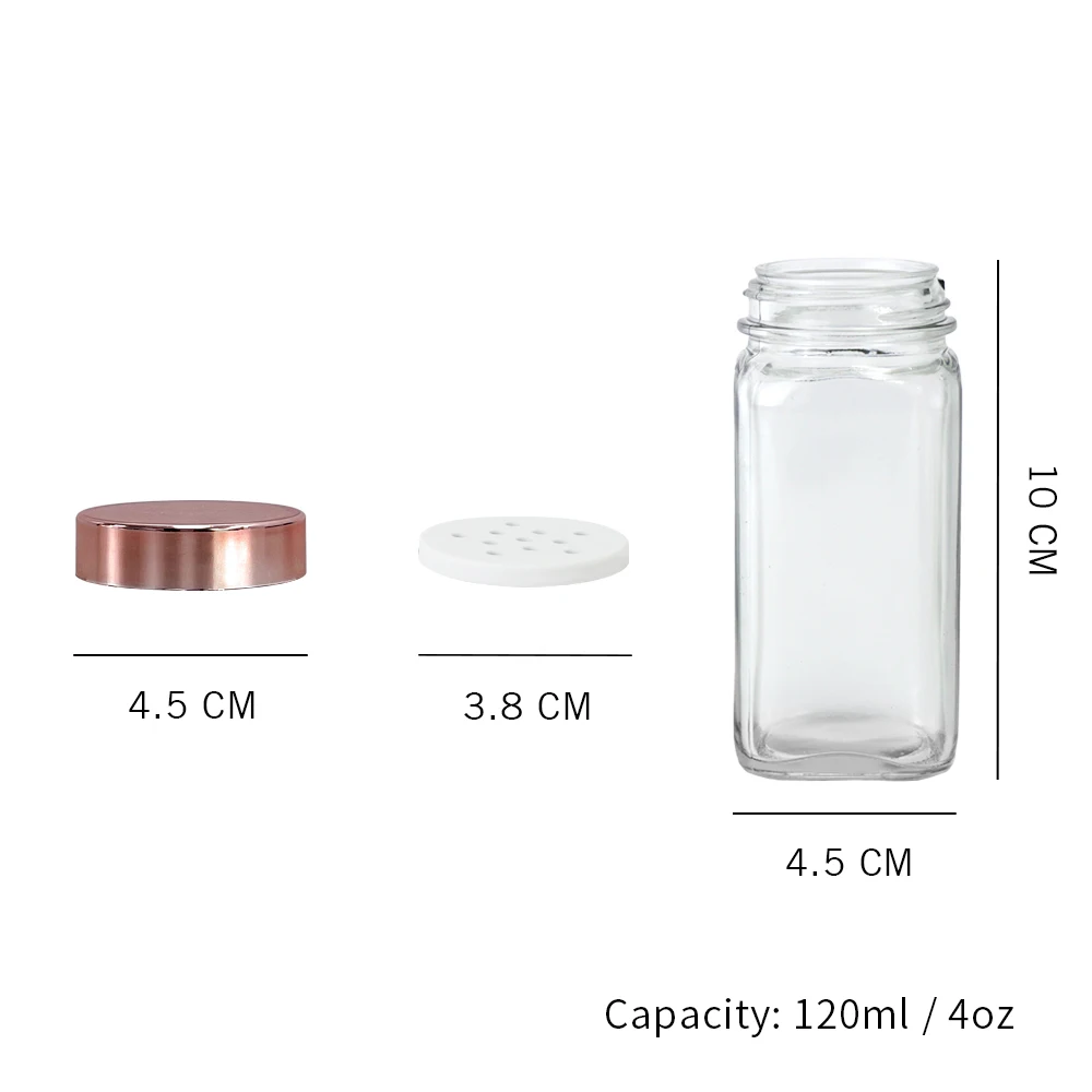 HNA Taiwan Made Glass Spice Jars 4 Ounce Square Bottles with Rose Gold Lid