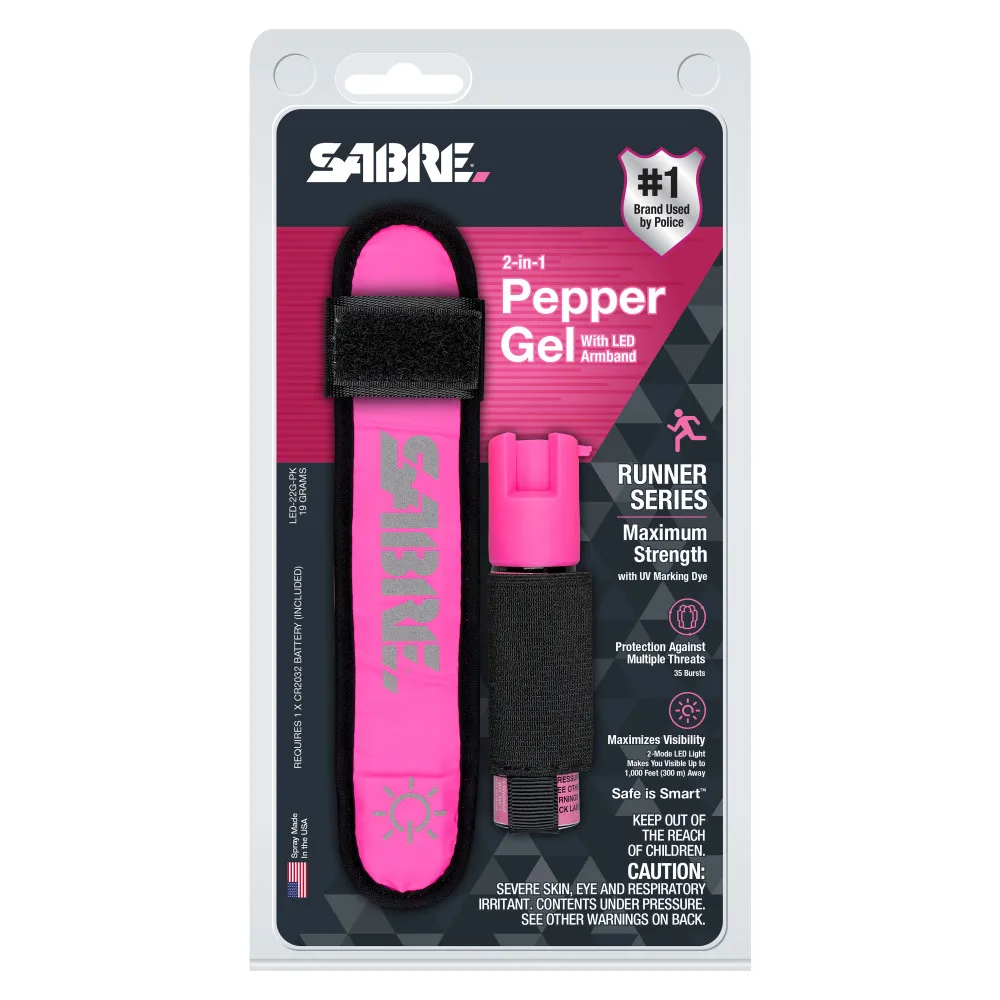 
SABRE RED Runner Pepper Gel Bright Safety Light to Maximize Visibility Pepper Gel w/ Pink LED Armband 