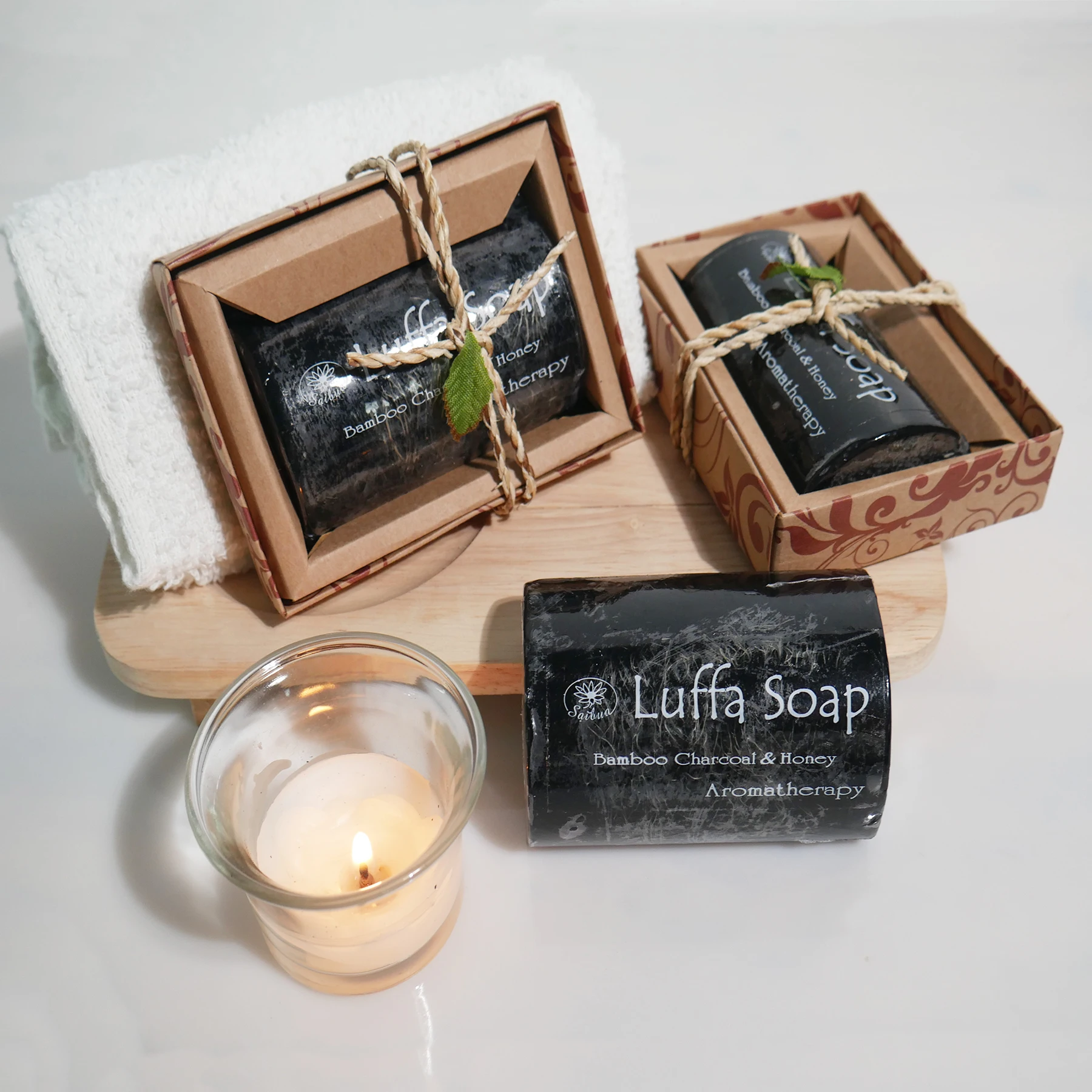 Wholesale OEM Bamboo Charcoal and Honey Loofah Body Soap Handmade  Herbal Soap Thailand Toilet Soap Body Face Wash Black