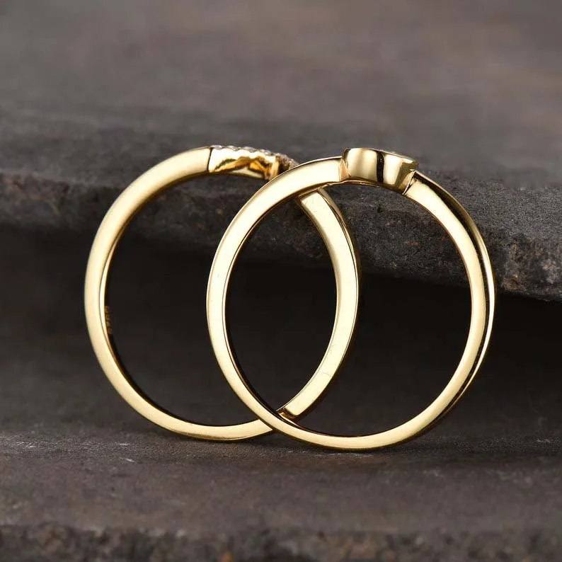 925 Sterling Silver Ring Set Minimalist Wedding Band Dainty Diamond Simulant Bridal Yellow Gold Plated Handmade Jewelry
