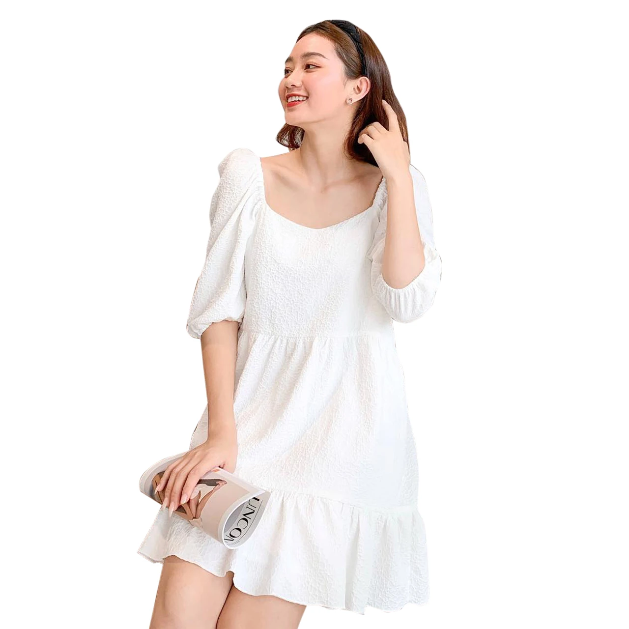 2021Women White Bubble Sleeve Baby doll  Vintage Dresses Female Casual Summer Chiffon Good Quality Dresses