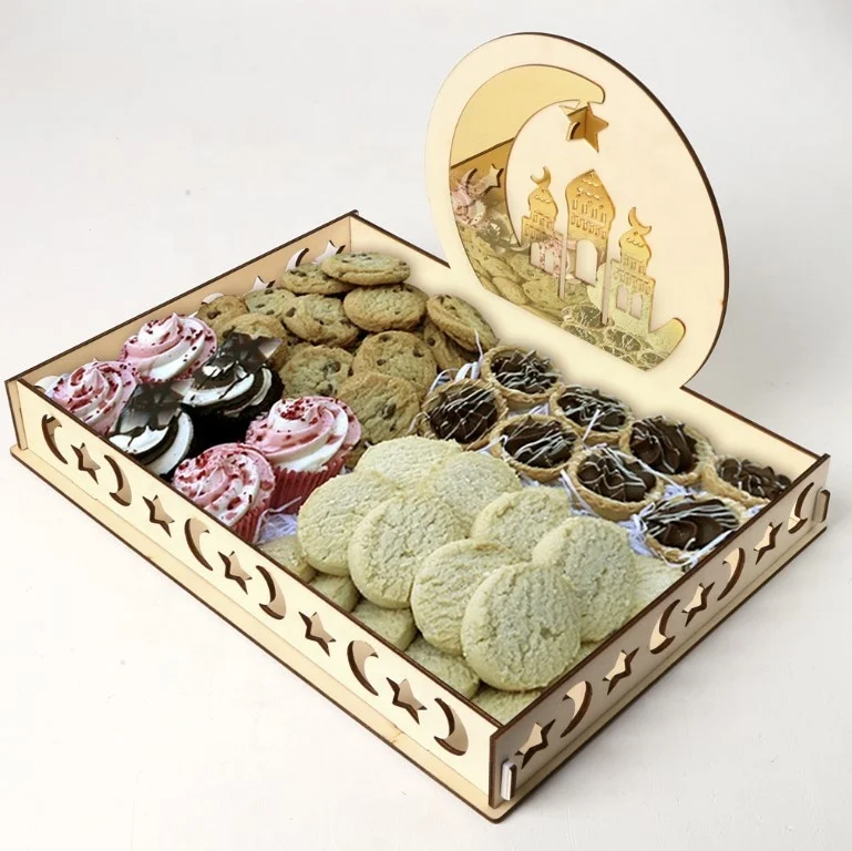 Eid Ramadan Mubarak Wooden Artistic Eid Mubarak Party Serving Tableware EID Muslim Ramadan Tray Display Wood Decoration