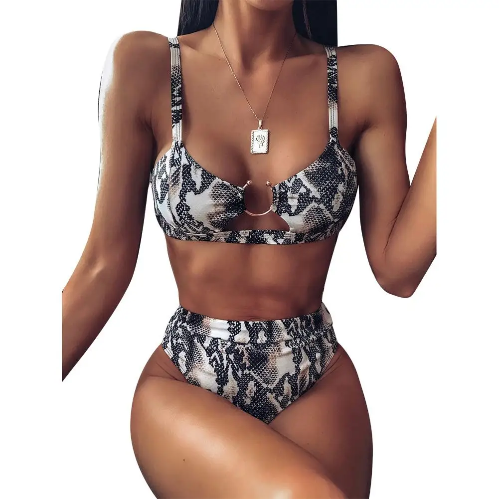 Women Sexy Leopard Snake Print Swimsuit Padded Bra Low Rise Briefs Bikini Set