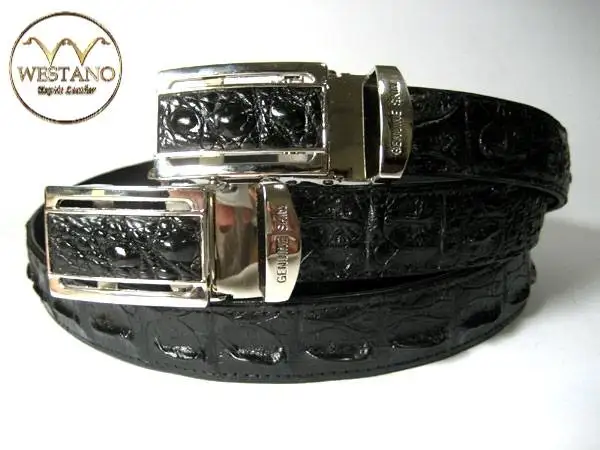 Genuine Belly Crocodile Leather Belt. Black Crocodile Belt. Siamensis Crocodile. Automatic Buckle. Made in Thailand