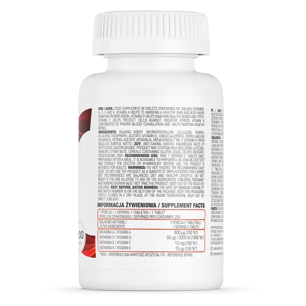 
OstroVit ADEK 200 tabs vitamins A D E K healthy skin strong bones blood clotting 