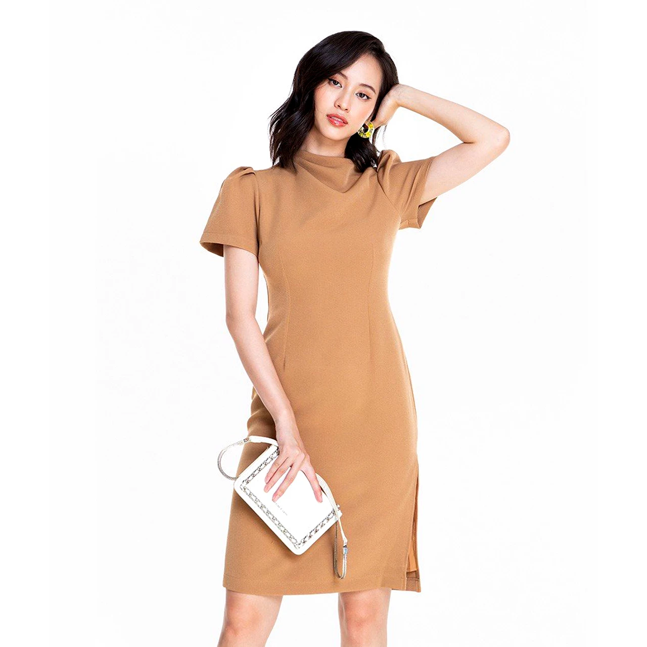New Fashion Puff Sleeve Dress Half High Collar Slim Eastern Style Dress Women A-line Basic Dress Made in Vietnam