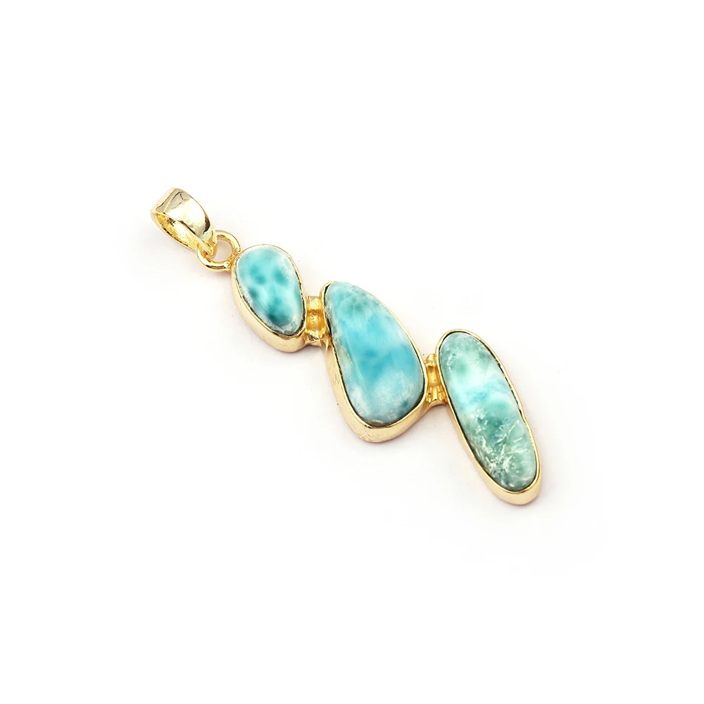Larimar Gemstone Pendant Gift For Her Bezels Necklace Handmade Brass Band Gold Plated Three Stones Necklace Mode Joyas N-061