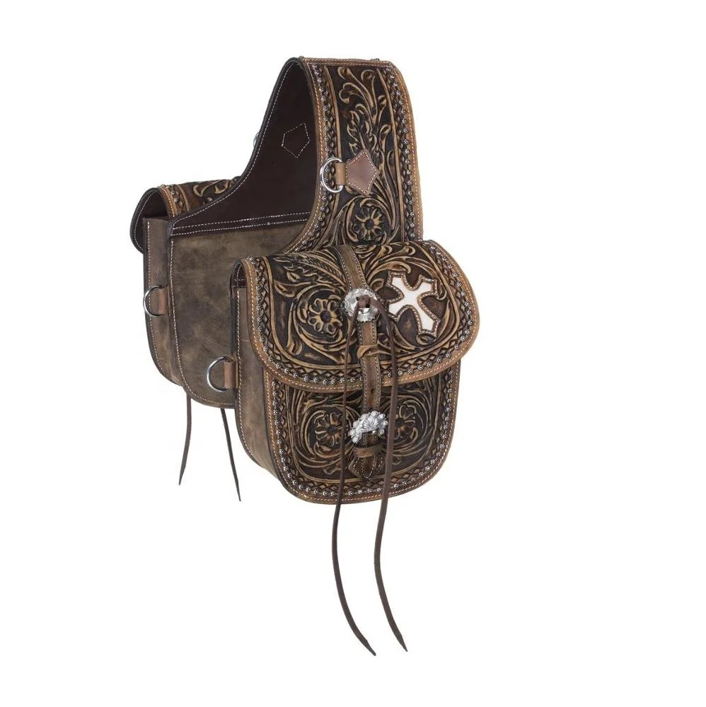 Premium Leather Custom Multifunctional Showman Floral Tooled Leather Cowboy Horse Saddle Bag Wholesale