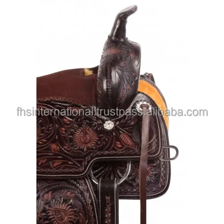 Excellent Barrel Trail Western Horse Saddle Quality Leather with Floral Hand Tooled Fiber Glass Saddle Tree