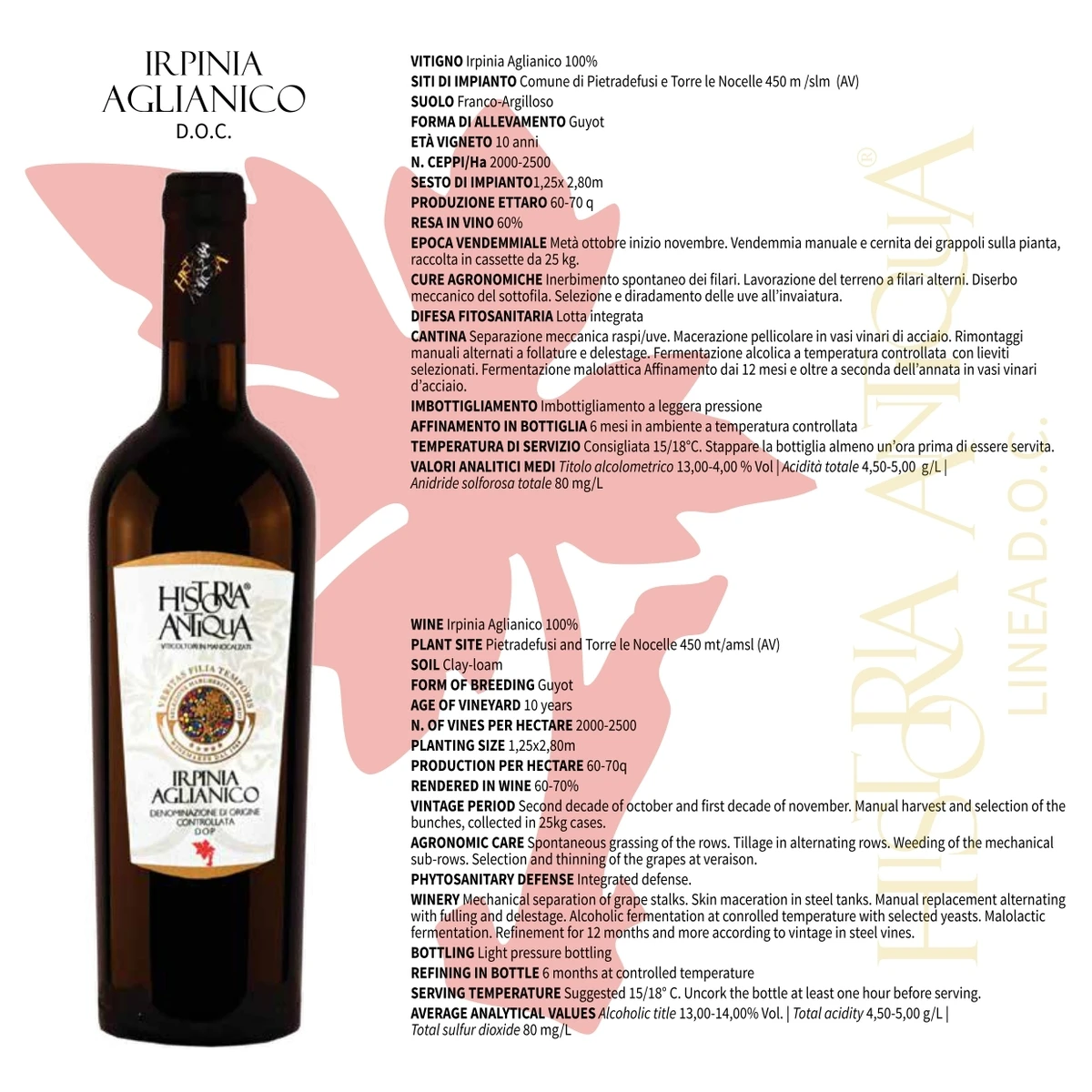 high quality italian red wine IRPINIA AGLIANICO DOC goes well with all types of meals, but especially various meats