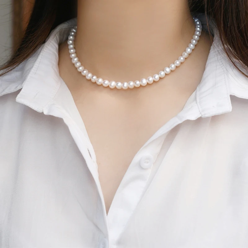 VAF Simulated Dainty Round White S925 Choker Glass Pearl Necklace Natural Freshwater Necklace For Women