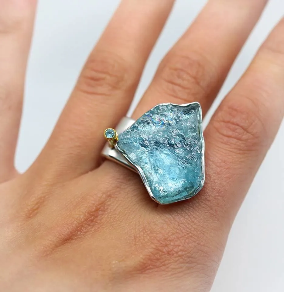 Designer Aquamarine Rough Natural Gemstone 925 Solid Sterling Silver Handmade Ring Jewelry