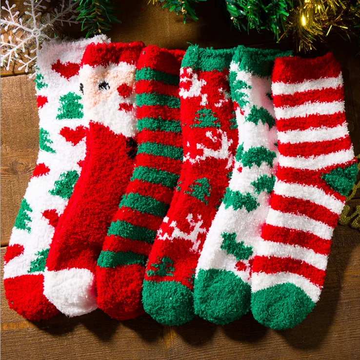 Ready to Ship DHL Free Shipping High Quality Cute Santa Claus gift packing fuzzy women thick Christmas socks
