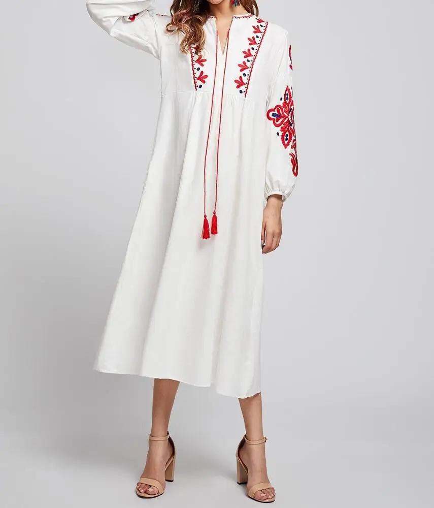Women Long Ukrainian Dress Embroidered Loose Drawstring Robe Ethnic Ukraine Dress Dubai Ethnic Style Casual High Waist Dress